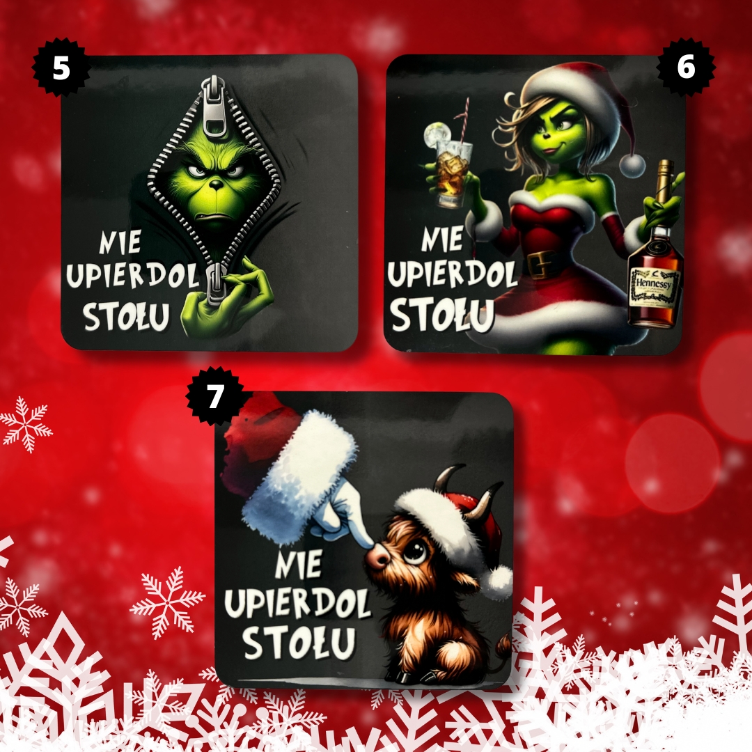 Podkładka pod kubek nie upiedol stołu w czterech świątecznych wzorach do wyboru