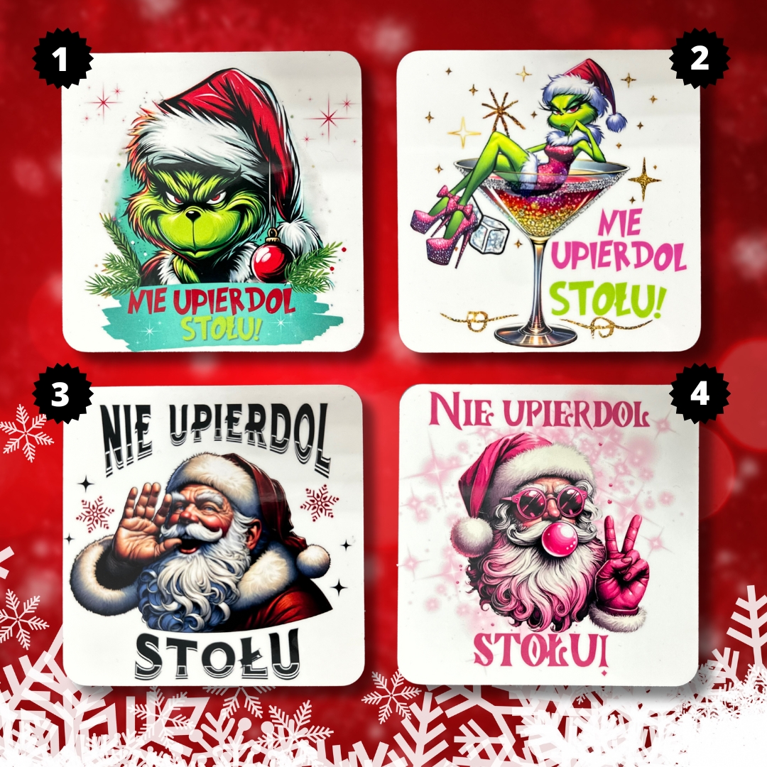 Podkładka pod kubek nie upiedol stołu w siedmiu świątecznych wzorach do wyboru