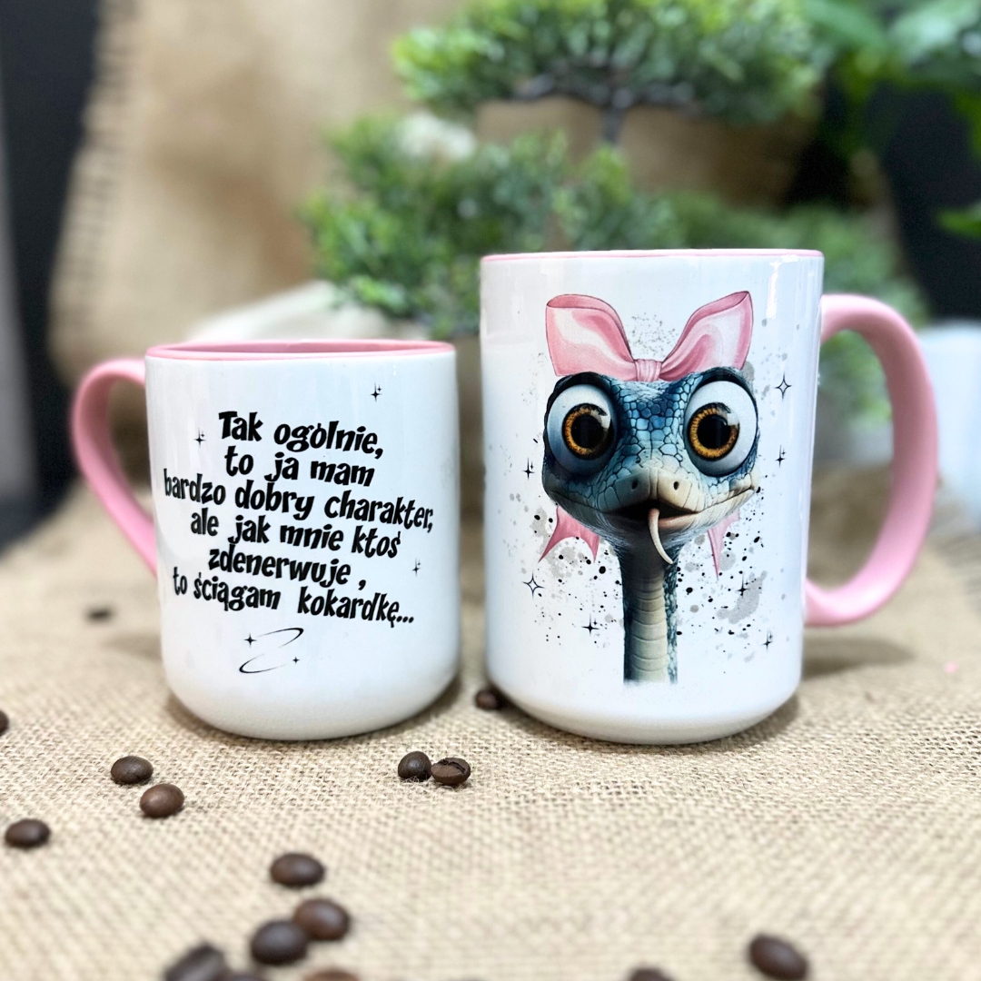 Kubek jak ktoś mnie zdenerwuje, to ściągam kokardkę różowe ucho dla niej