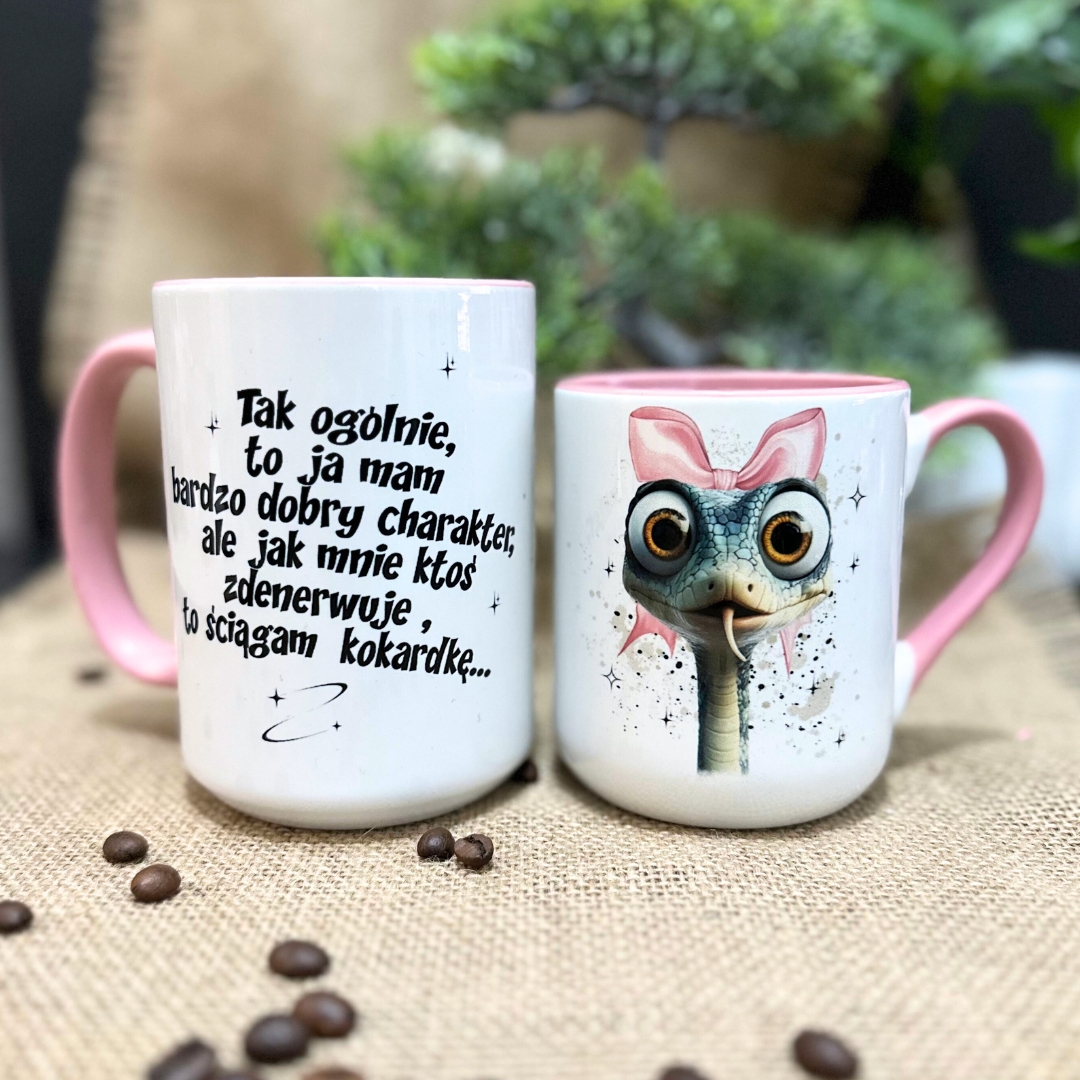 Kubek jak ktoś mnie zdenerwuje, to ściągam kokardkę różowe ucho