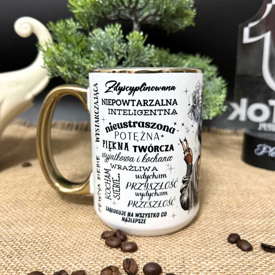 Kubek kocham siebie afirmacja dla kobiet złoty