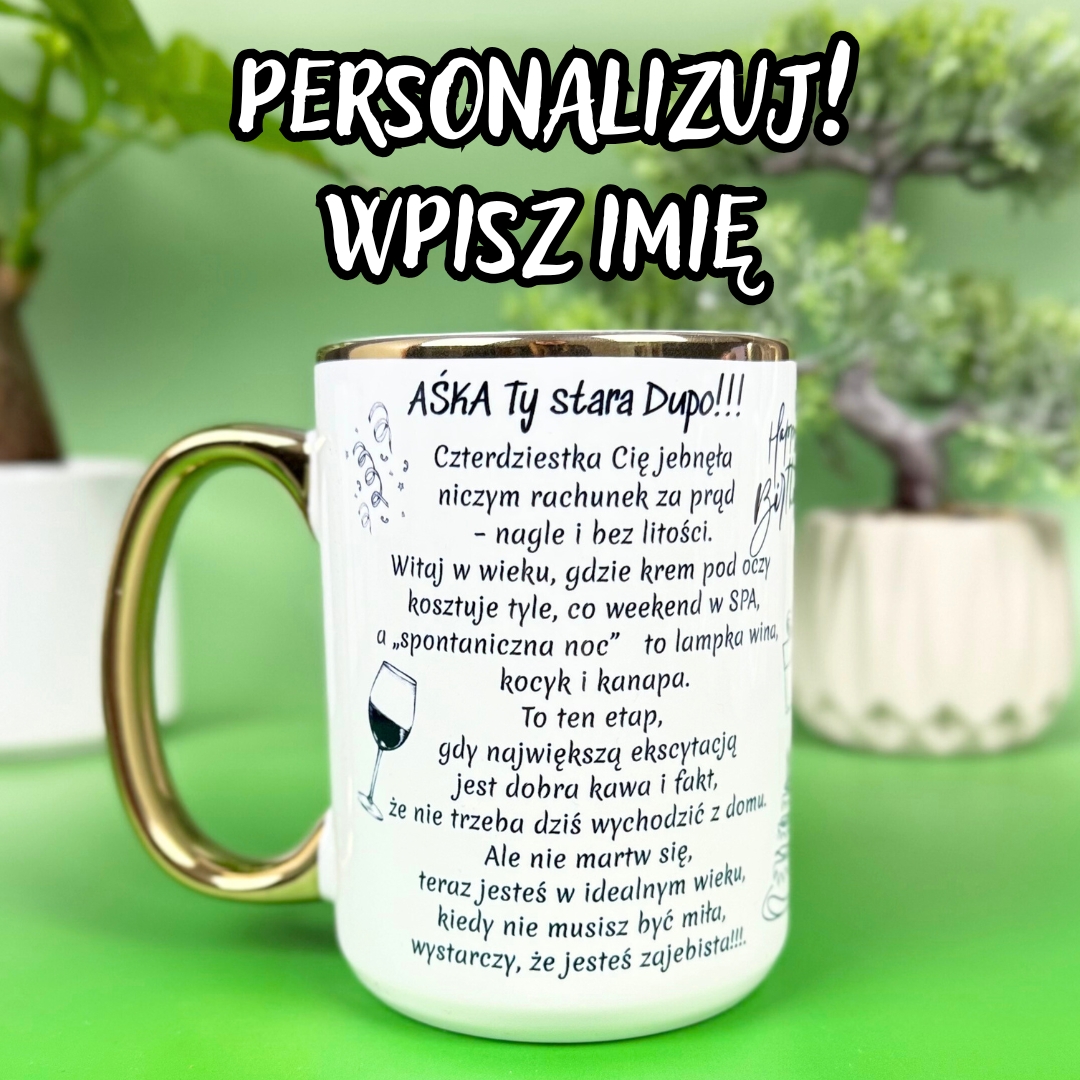 Kubek urodzinowy na 40 stke z personalizowanym imieniem Aśka
