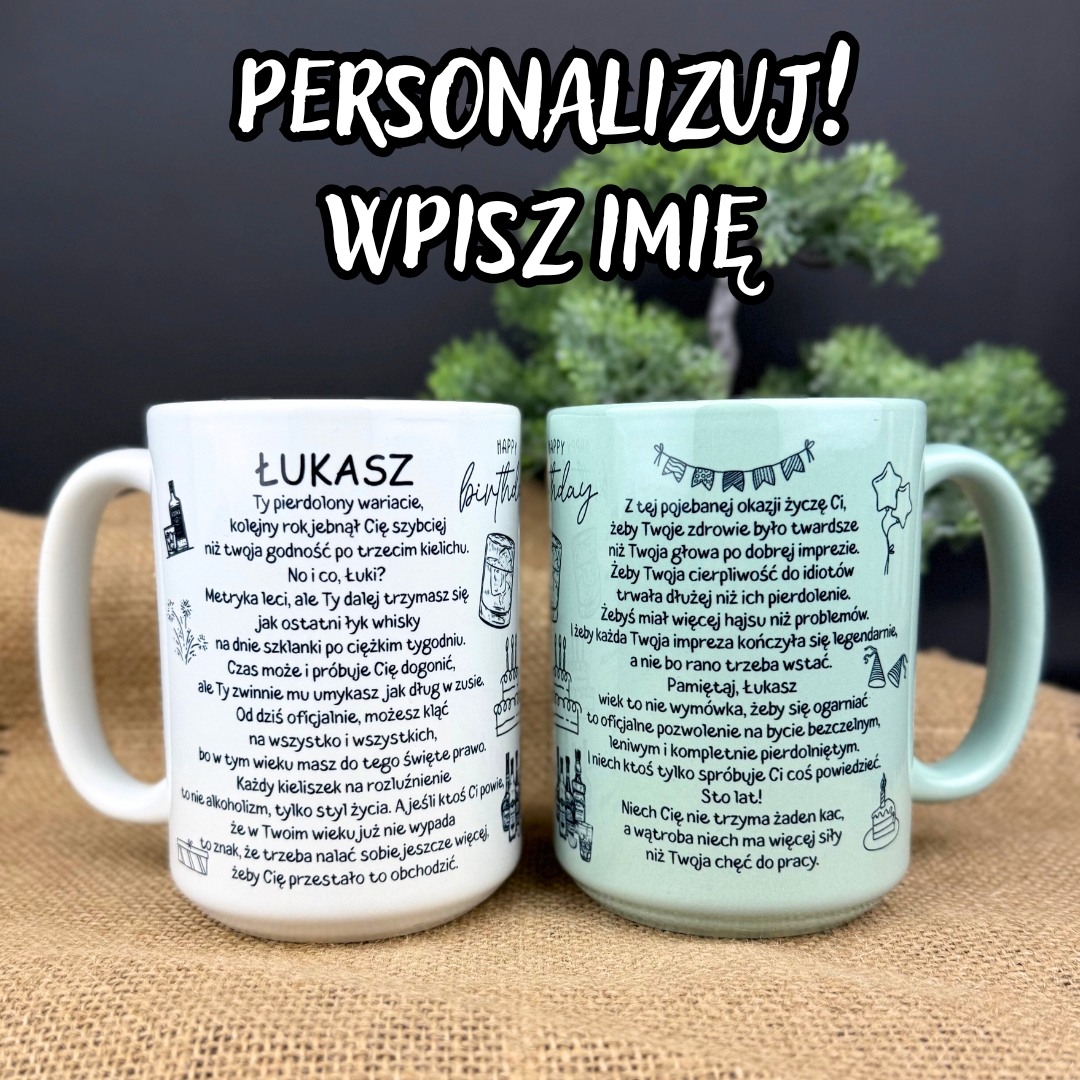 Kubek urodzinowy z personalizowanym imieniem Łukasz