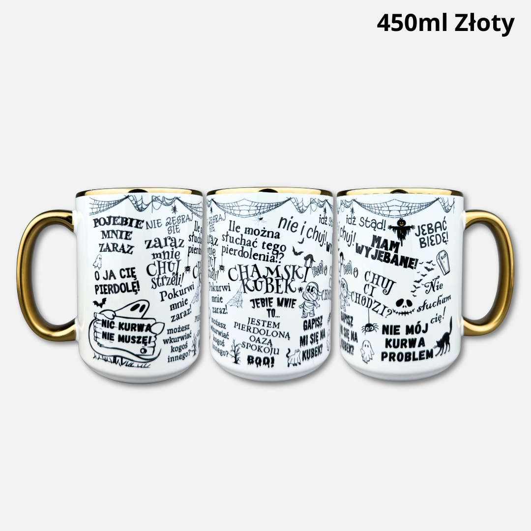 Chamski kubek (Halloween) nowość ze złotym uchem i rantem Chamski kubek (Halloween) nowość 450ml złoty