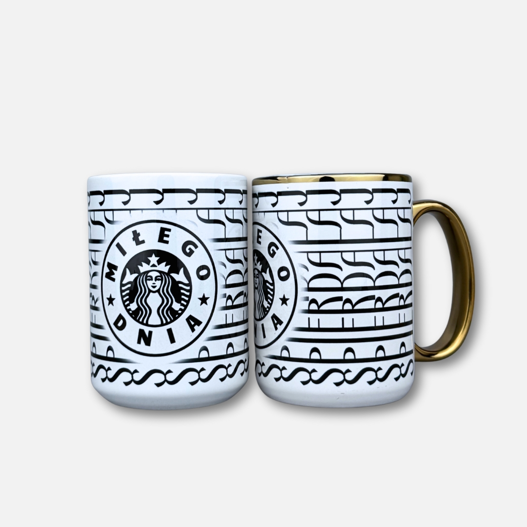 Kubek spierdalaj, miłego dnia (szlaczki) złoty i biały