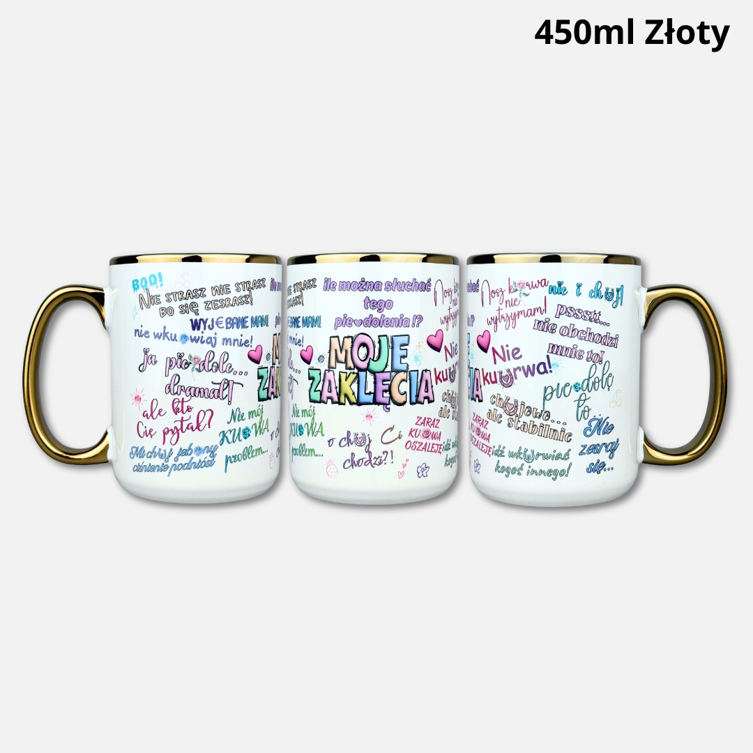 Kubek moje zaklęcia (kolorowy z cenzurą) Kubek moje zaklęcia (kolorowy z cenzurą) 450ml złoty