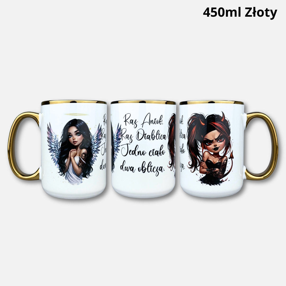 Kubek raz anioł raz diablica brunetka nowość 450ml złoty